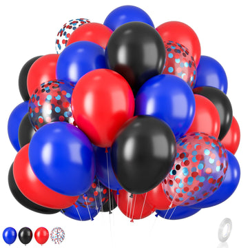 Red Blue Black Balloon Set, 12 Inch Matte Red Black And Royal Blue Latex Balloon With Red Blue Confetti Balloons For Super Spide