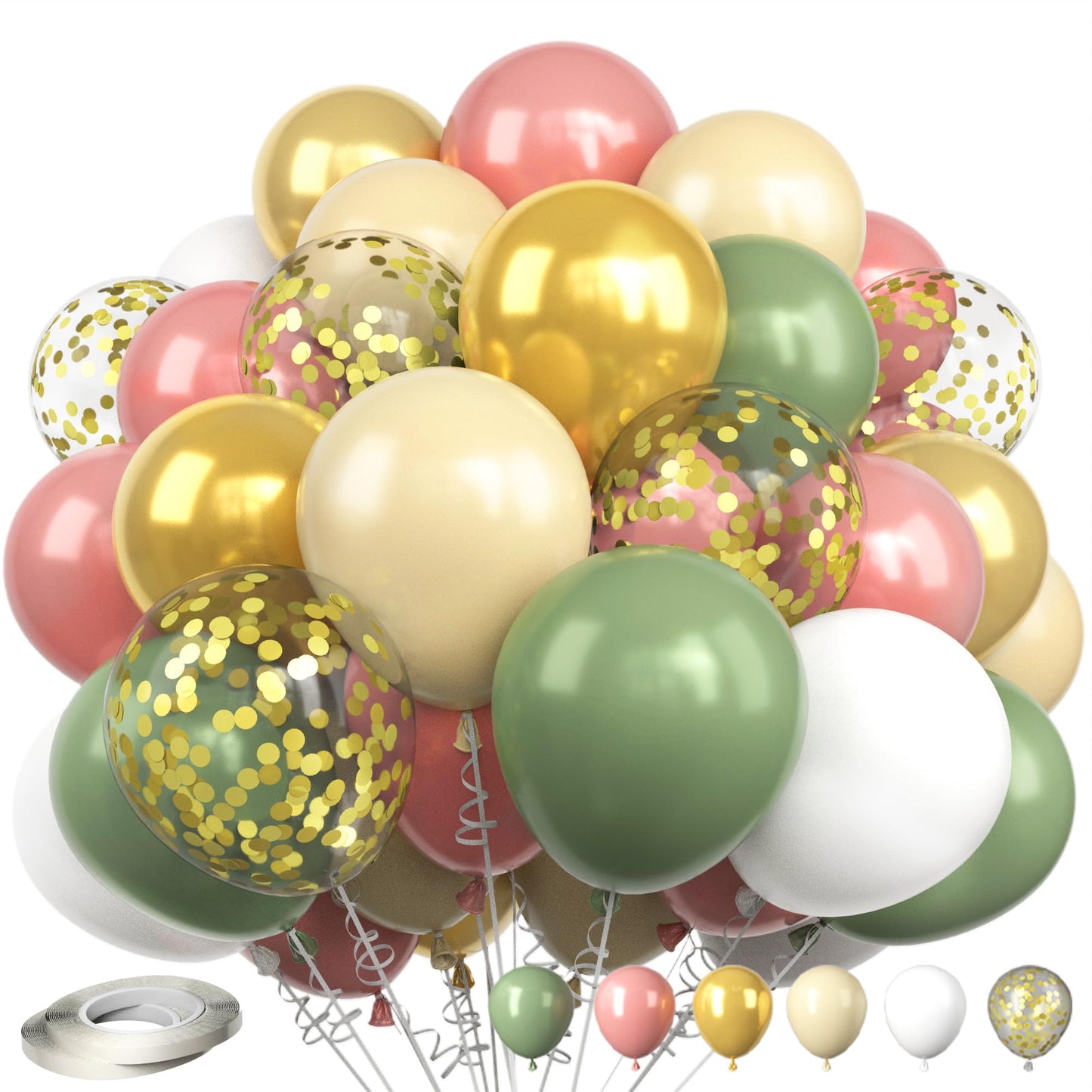 Green And Pink Balloons, 60Pcs Retro Green Pink Balloons Metallic Gold Balloons, 12Inch Sage Green Pink White Gold Confetti Ball