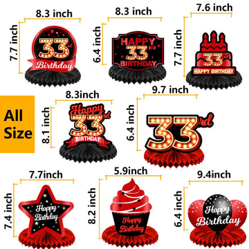 Happy 33rd Birthday Red and Black Table Honeycomb Centerpieces Balloons Theme Decor Table Decorations Table Toppers for Girls Wo