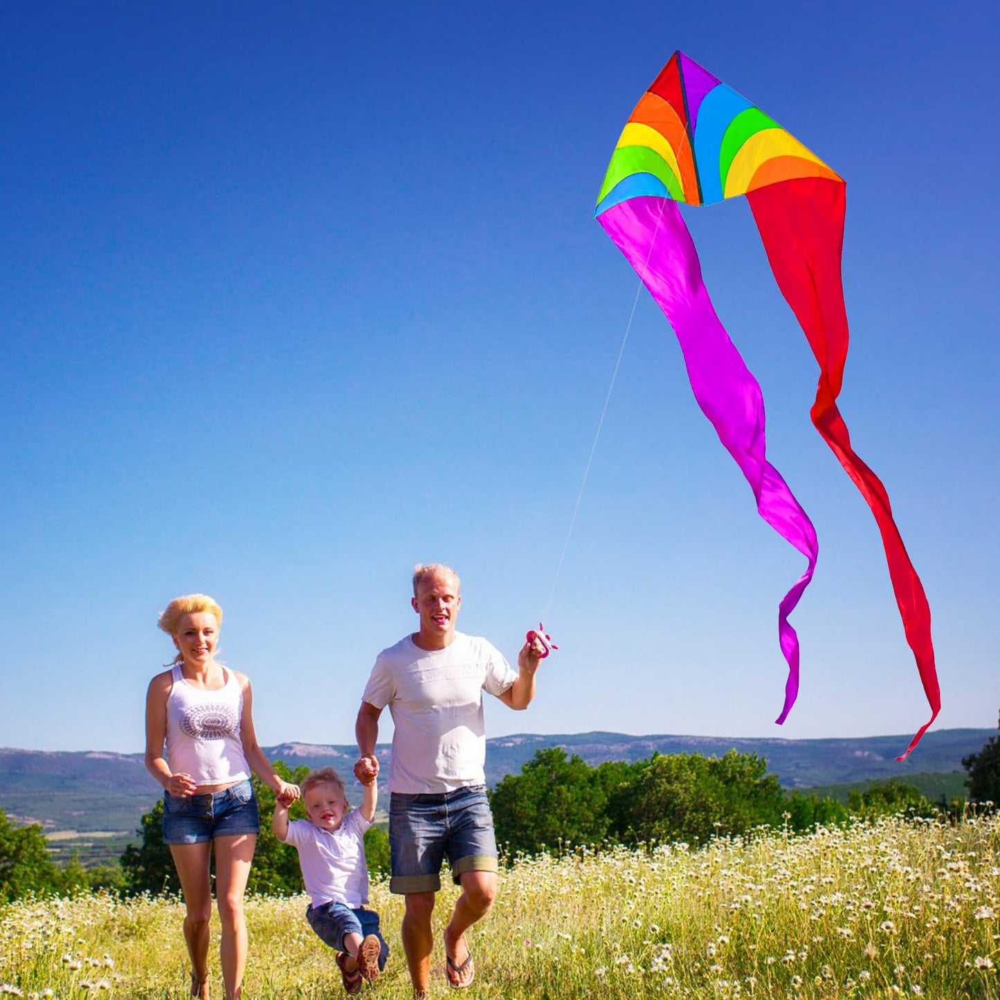 HENGDA KITE Colourful Triangle Kite with Two Tails for Kids Beginners and Adults Easy to Fly and Assemble Suitable for Outdoor A