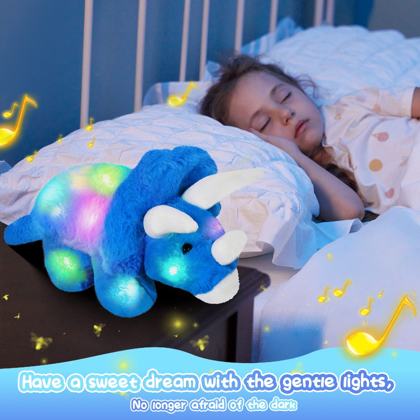 Glow Guards Musical Triceratops Plush Toy - 16'' LED Night Light, Soft Blue Dinosaur for Kids, Ideal Birthday Gift