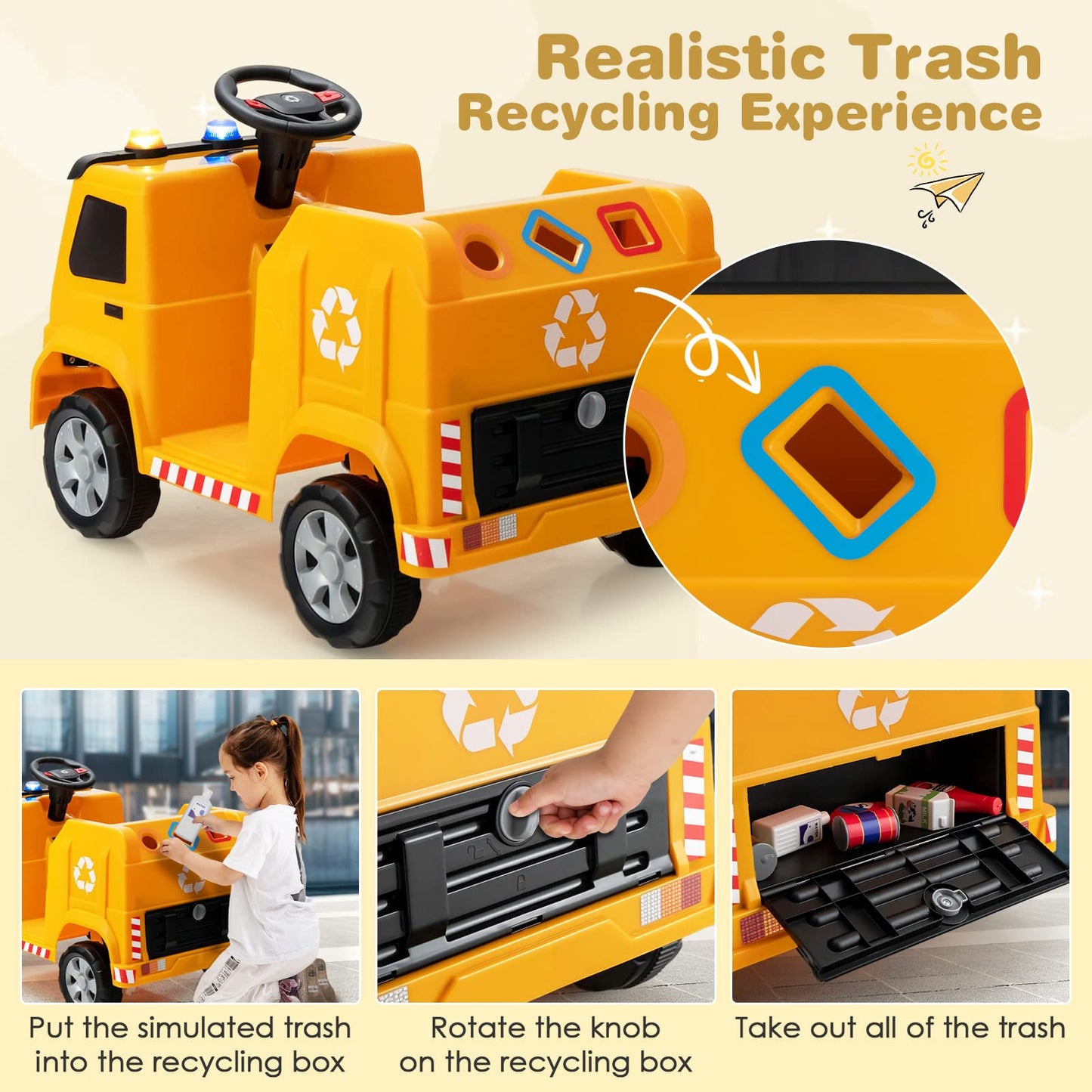 Costzon Ride On Car, 12V Battery Powered Recycling Garbage Truck W/Remote Control, Warning Lights, Music, Horn, 6 Recycling Acce