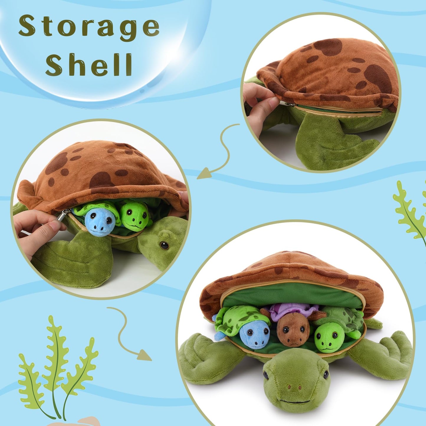 Muiteiur Sea Turtle Plush Toy - Soft Medium Multicolored Stuffed Animal with 3 Baby Turtles for Kids