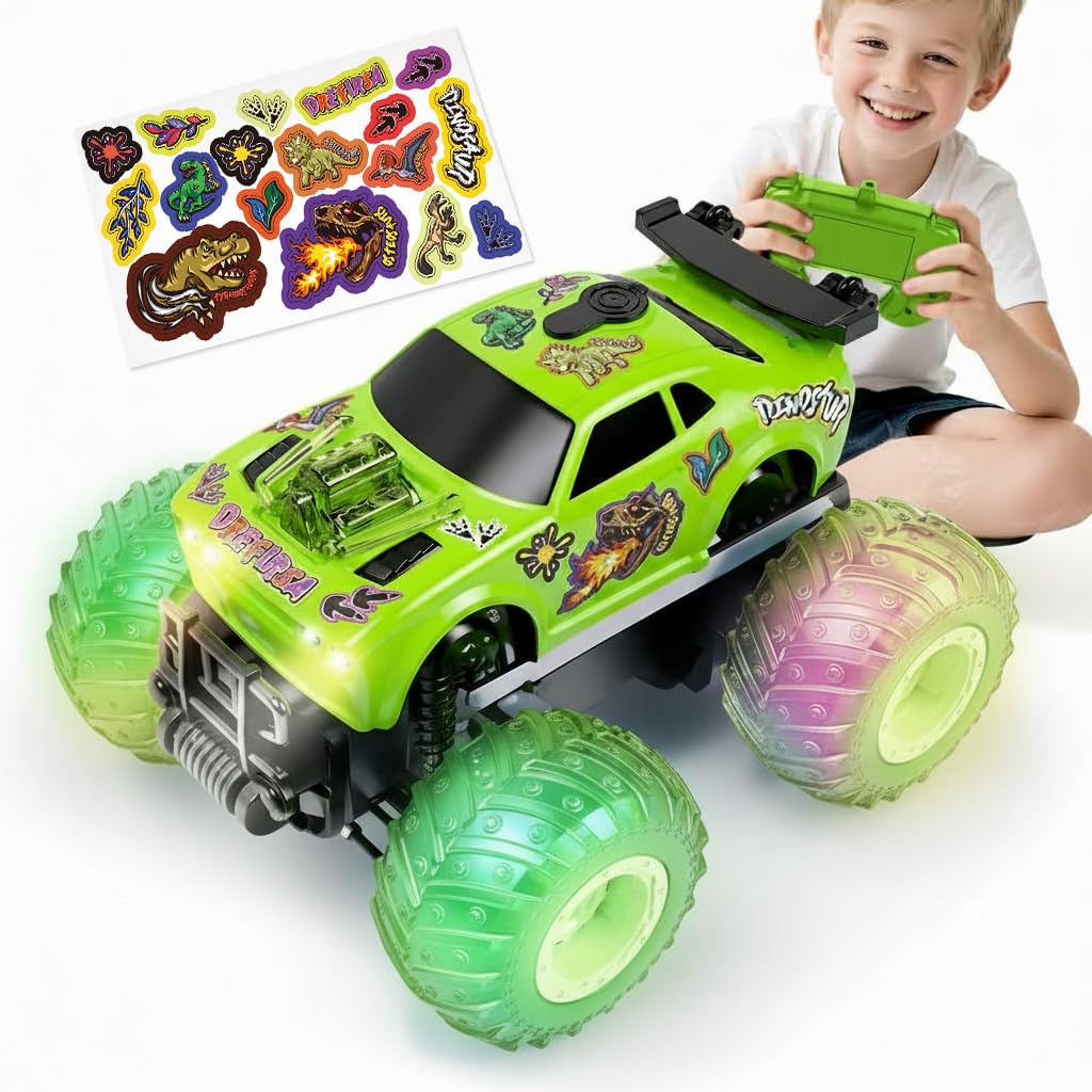 Drefirsa Remote Control Car For Toddler, Monster Truck For Boy Age 4-7 With Dinosaur Diy Sticker, Headlight, Colorful Light, Spi