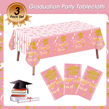 Graduation Tablecloth Party Decorations 2024,3 Pack Pink Large Size 54''X108'' Congrats Grad Disposable Rectangle Table Covers P