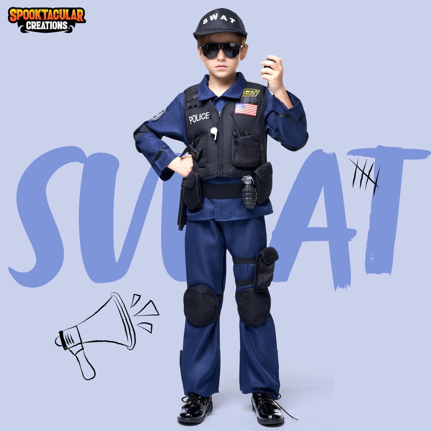 Spooktacular Creations Police SWAT Costume for Kids, Large (10-12 yrs), Blue, Polyester, Perfect for Halloween and Themed Parties