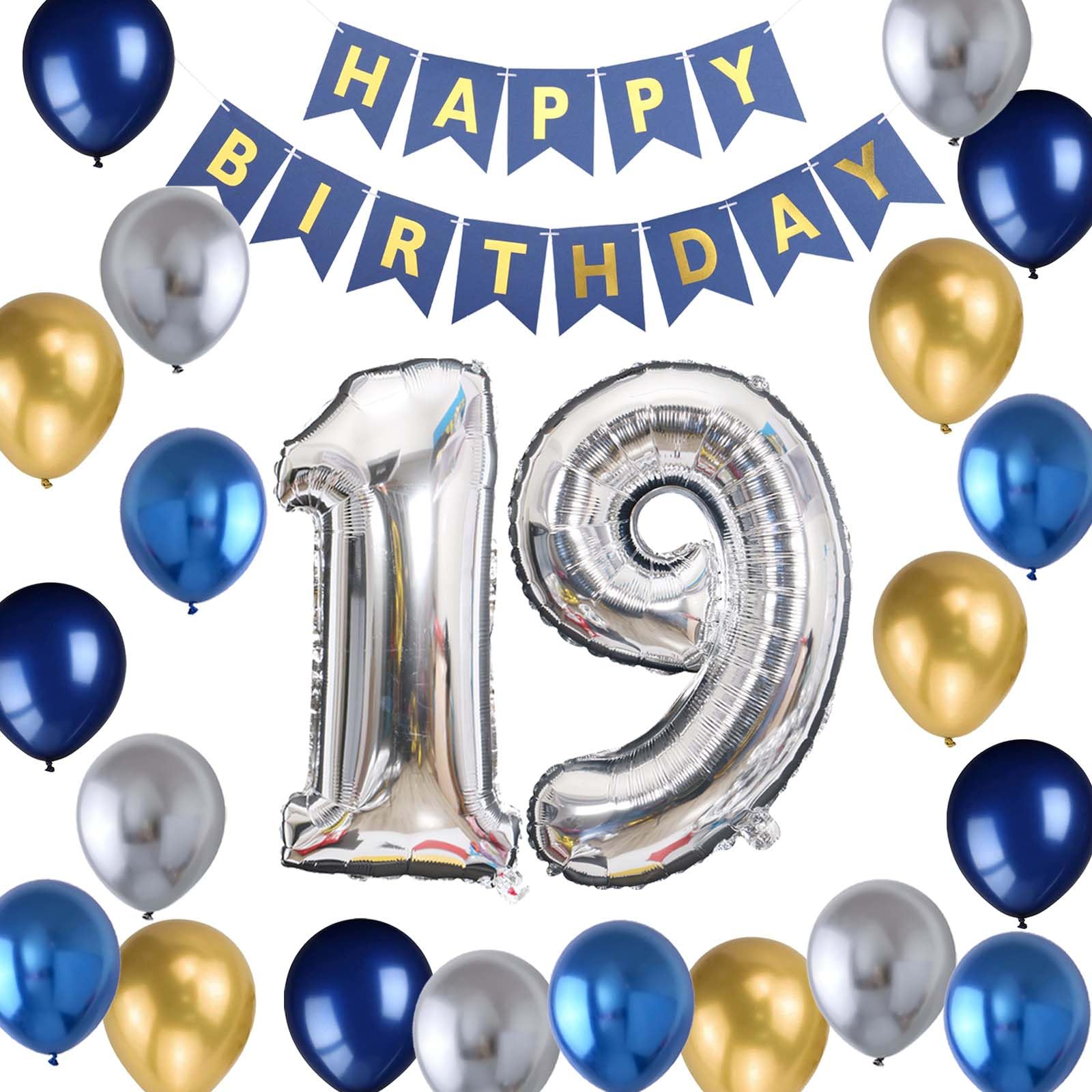 19Th Birthday Party Decoration For Boys, Birthday Banner Blue Number 19 Birthday Balloons Metallic Silver Blue Gold Latex Balloo