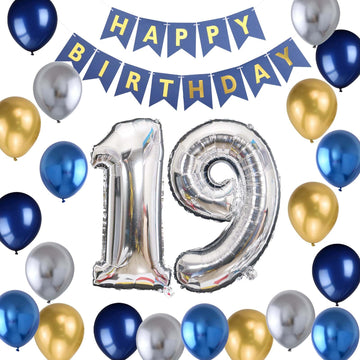 19Th Birthday Party Decoration For Boys, Birthday Banner Blue Number 19 Birthday Balloons Metallic Silver Blue Gold Latex Balloo