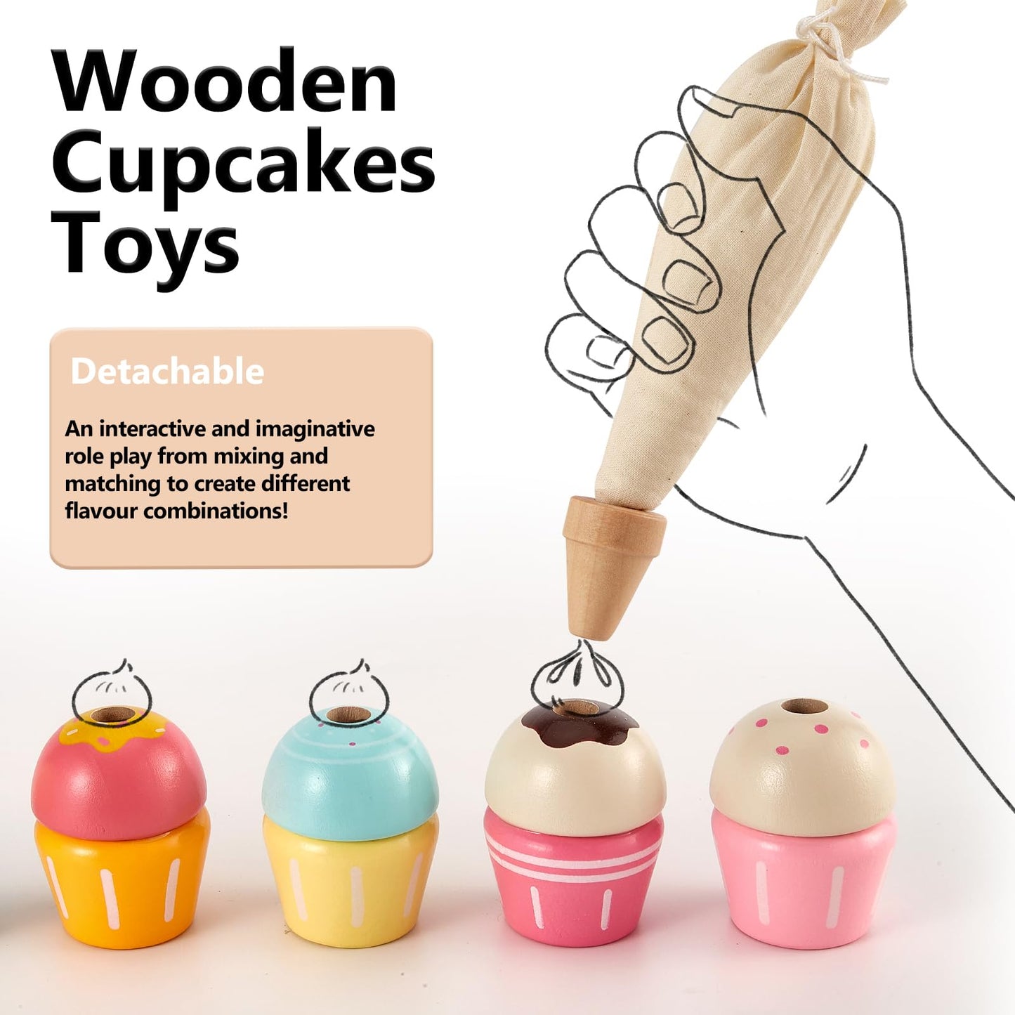 HERSITY Wooden Cupcakes Toys Pretend Play Food Desserts Kids Baking Set, Kitchen Playset for Toddlers 3-5, Tea Party for Little