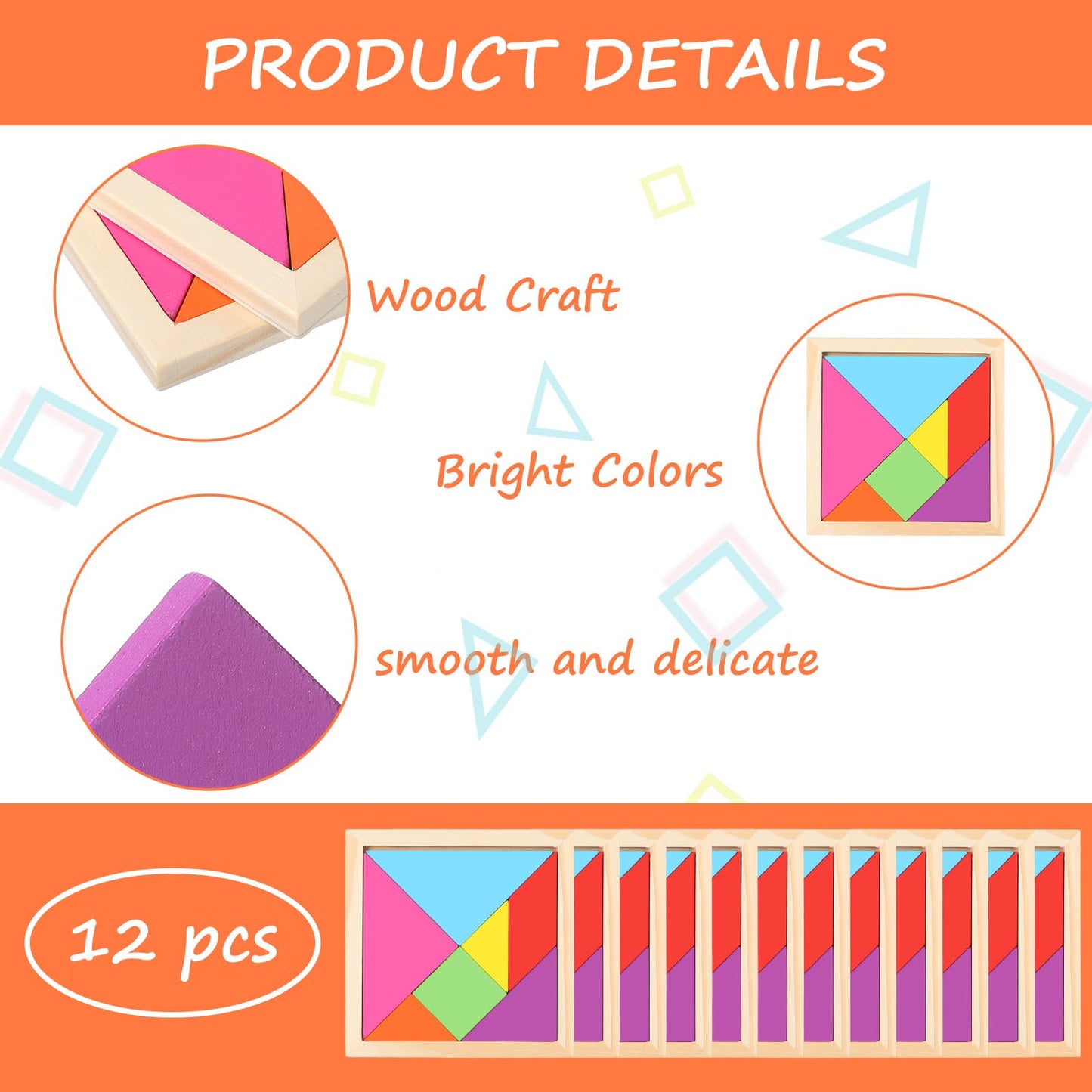 Meooeck 12 Pack Tangrams Wooden Puzzles Tangrams Classroom Set For Kids Shape Puzzles Brain Logic Blocks For Games Educational G
