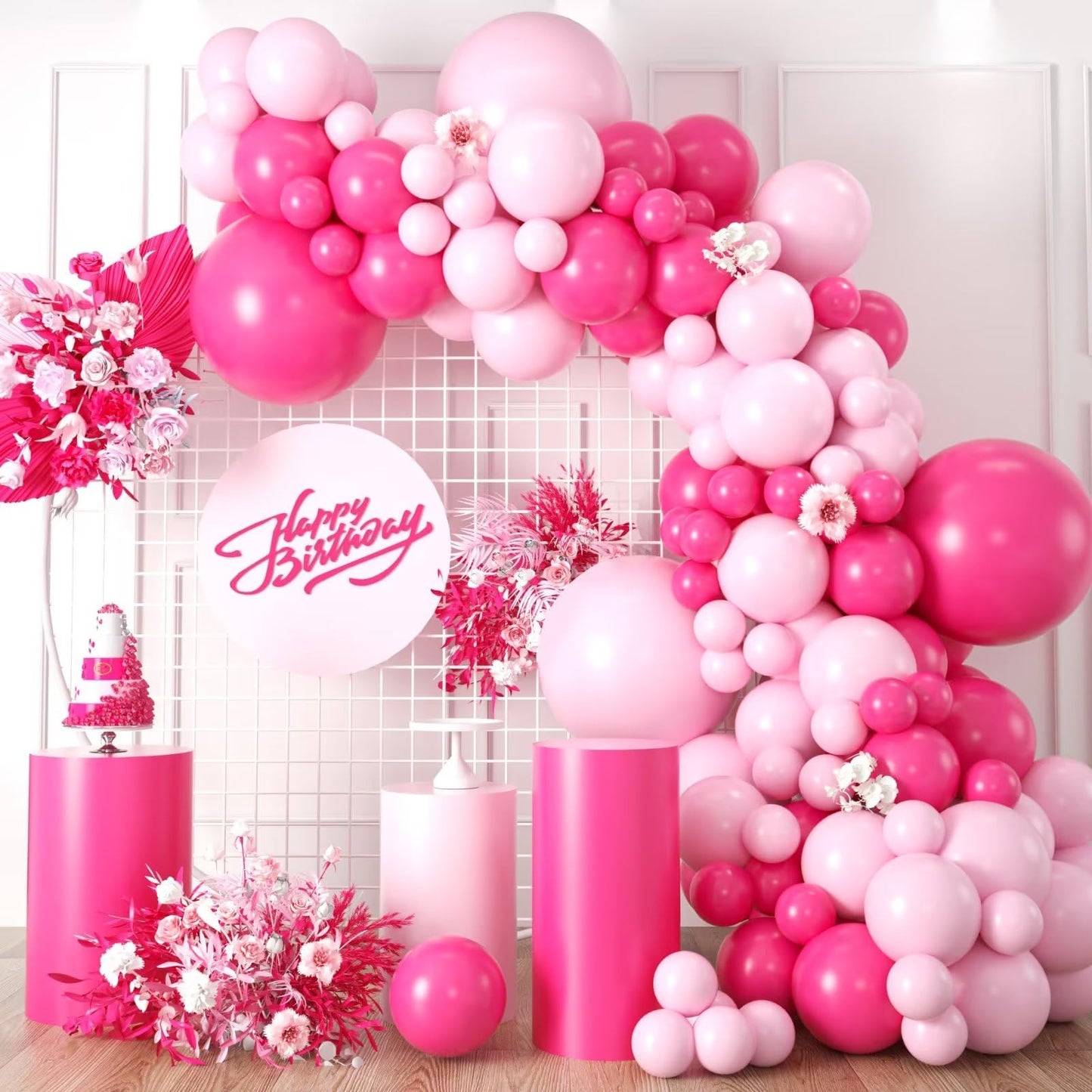 Kepmov Pink Balloon Arch Kit, 100Pcs Hot Pink Maca Pink Balloons, Different Sizes For Wedding, Birthday, Baby Shower, Princess Theme Party Decorations