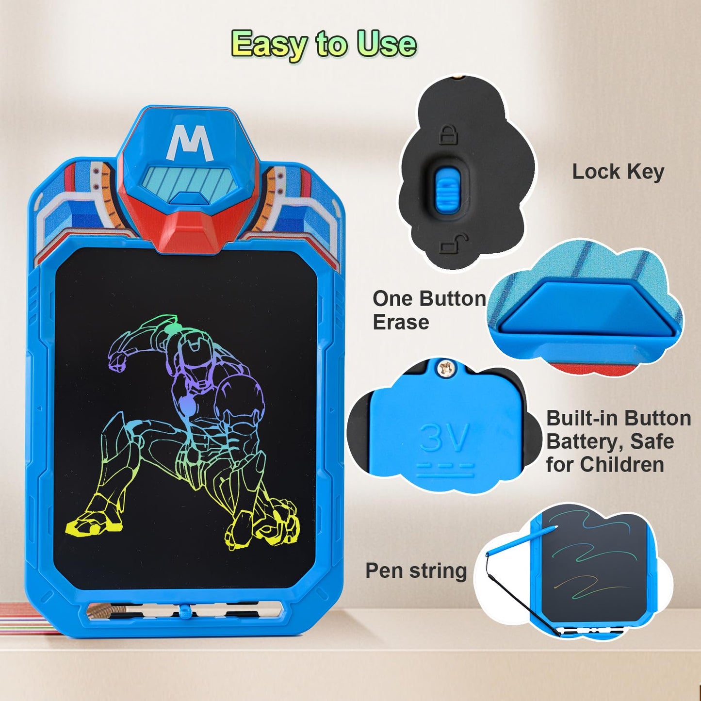 CHAFEGY 10 Inch LCD Writing Tablet for Kids, Masked Warrior Design Drawing Tablet, Doodle Board Pad for Learning, Toy Gift for B