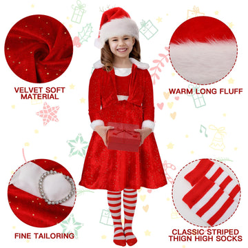 Panitay 4 Pcs Girls Christmas Costume Red Santa Claus Outfit Hat Jacket Dress Tights For Little Girls Kids Holiday Cosplay(Large