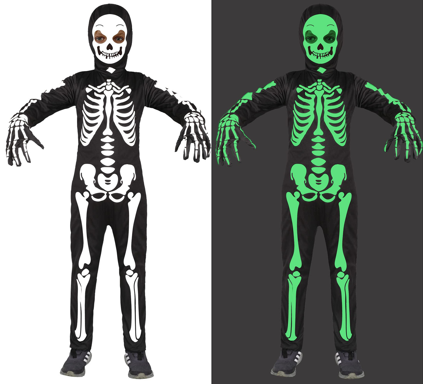 Sicypoty Kids Skeleton Costume Glow In The Dark Halloween Bone Bodysuit With Skeleton Hood Mask Black 8-10Years