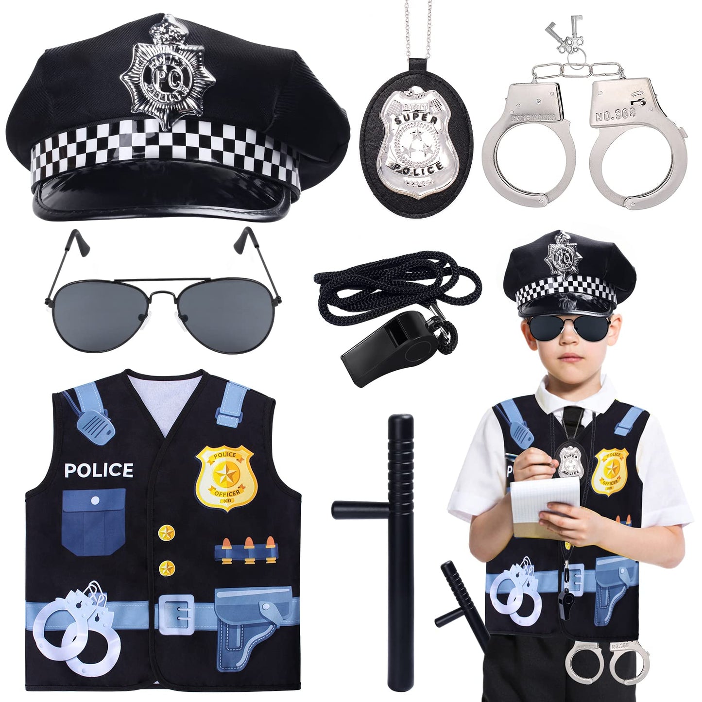 Keymall Kids Police Costume Set-7 Pcs Police Officer Dress Up For Boys-Hat,Vest, Badge,Whistle,Sunglasses,Handcuff,Baton (Set B)
