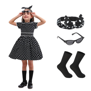 Rabtero 1950S Black And White Polka Dot Dress Costume For Girls 7-8 Years, Large - Halloween Outfit With Headband, Glasses And S