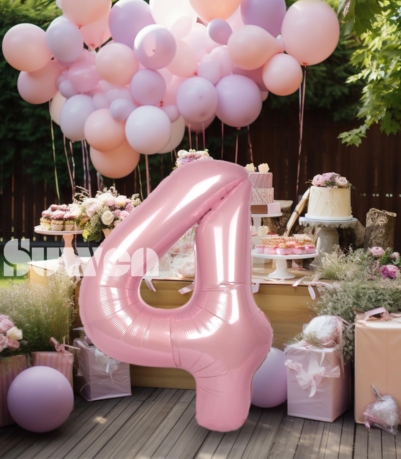 Suwen 40 Inch Pink Large 4 Number Balloons Big Foil Helium Number Balloons 0-9 Jumbo Happy 4Th Mylar Birthday Party Decorations