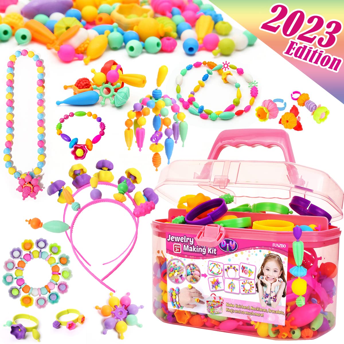 Funzbo 650Pcs Pop Beads - Jewelry Making Kit For 3 4 5 6 7 8 Year Old Little Girls, Arts And Crafts Toys For Kids, Necklace Bracelet Ring Creativity Snap Set Birthday Holiday Easter Gifts
