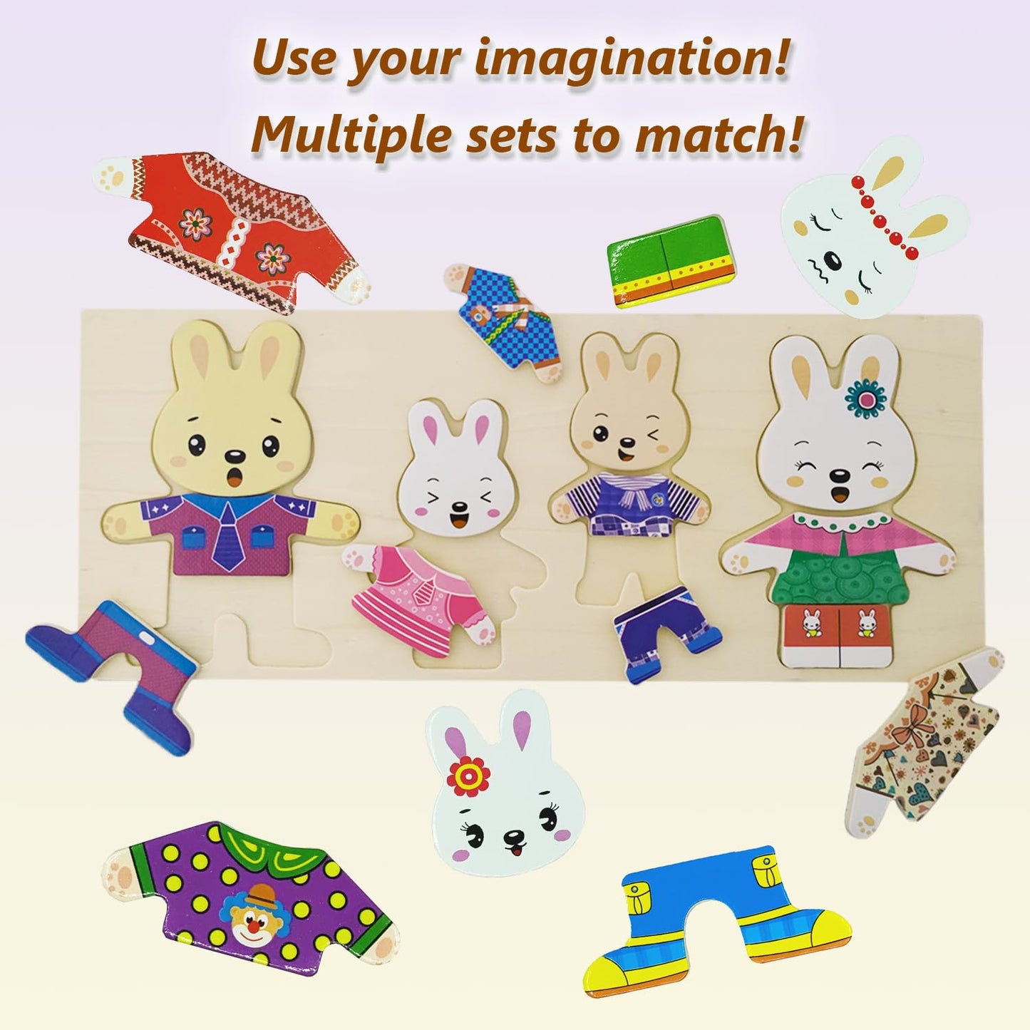 Lilybeauty Wooden Bunny Family Dress-Up Puzzle Box For Toddlers(72Pcs),Change Clothes Puzzle Games, Preschool Learning Activitie