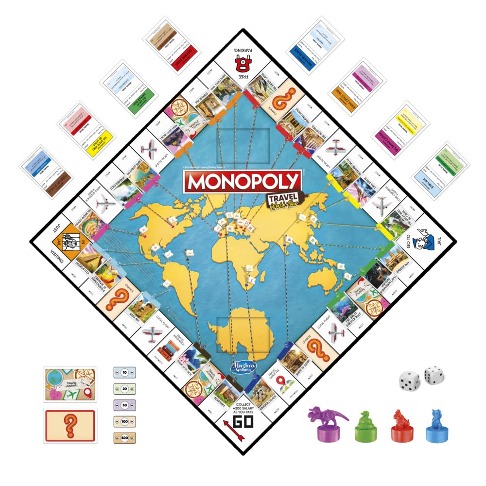 Hasbro Gaming Monopoly Travel World Tour Strategy Board Game For Family & Kids, Classic Gameplay With Geography Twist, Includes Dry-Erase Gameboard & Token Stampers, Ages 8+