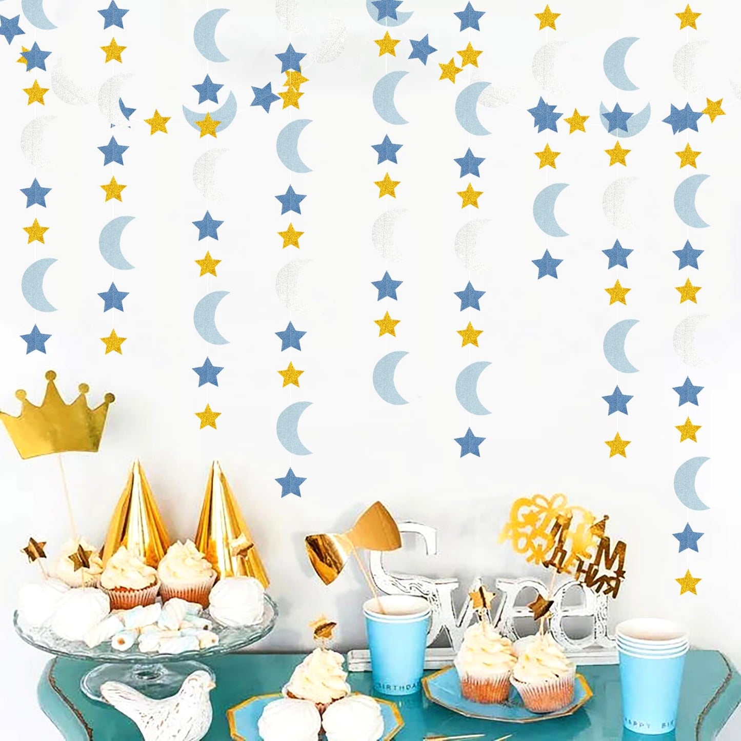 Blue-Gold Silver Party-Decorations Moon-Star Garland - 62Ft Twinkle Little Star Hanging Streamers Banner,Eid Ramadan Mubarak Dec