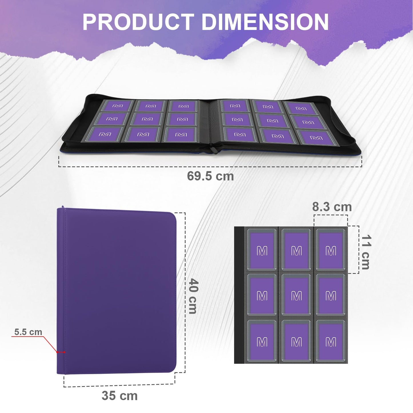 Toploader Binder Trading Card Binder Storage Hold up 288 Cards 9-Pocket Top Loader Binder with Sleeves for 3x4 Rigid Toploaders Hard Cases (9Purple6)