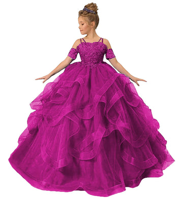 Long Girls Pageant Dress Fuchsia Flower Girl Dress Princess Ruffles Beaded Appliques Tulle Wedding Party Costumes US8
