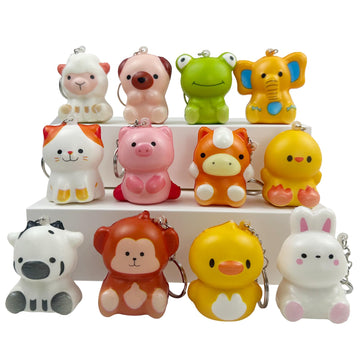 Funnysquee 12 Packs Cute Animal Squishies Toys Keychains Set,Kawaii Party Favors Mini Animals Stress Relief Slow Rising Squeeze