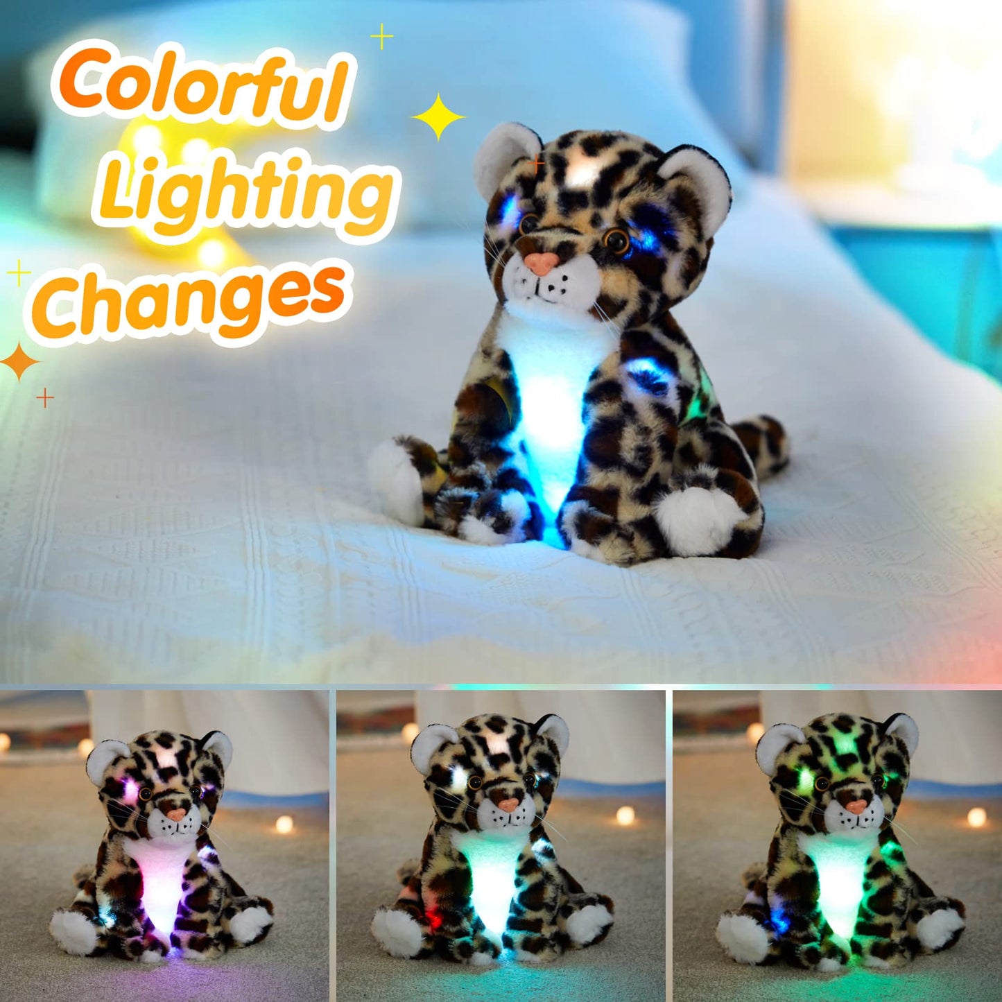 BSTAOFY Light Up Cheetah Plush LED Night Light - 10'' Stuffed Animal, 100% PP Cotton, Glow in the Dark, Model YZTF0323