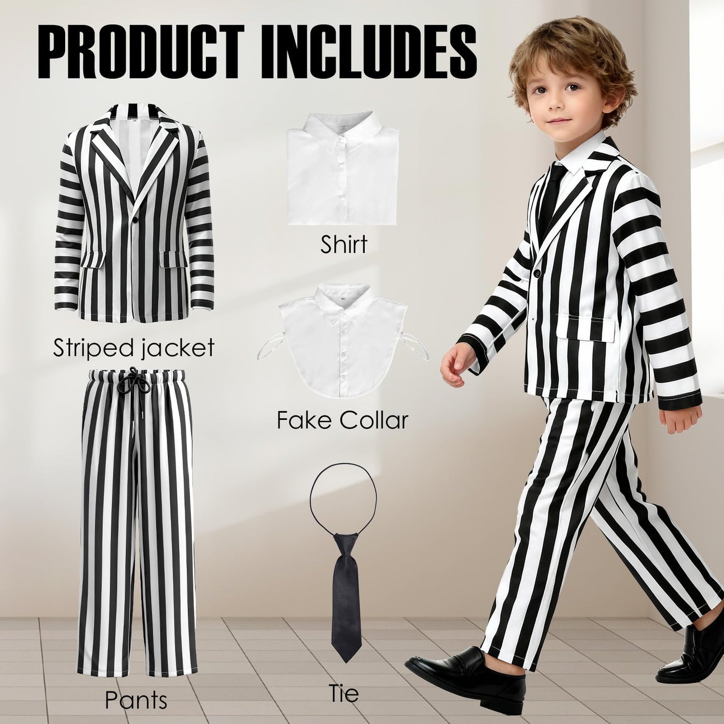 ERCAUX Black and White Striped Suit - Halloween Horror Costume  Scary Cosplay Outfit  Scary Movie Character Dress-Up (140)