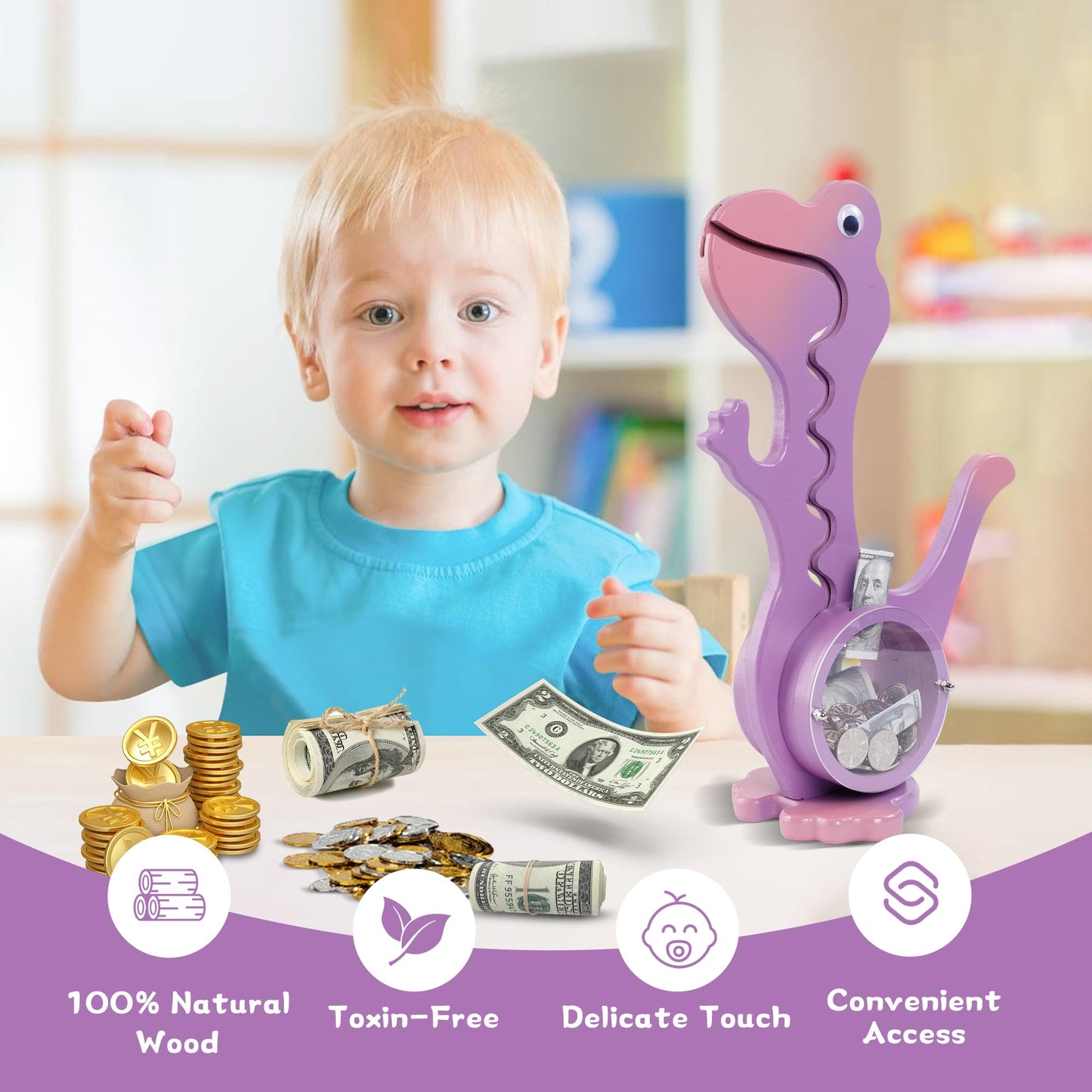 squacco Dinosaur Piggy Bank Boalord for Girls Boys Kids Big Animal Personalized Wooden Coin Bank Money Saving Box for Children mature-themed Best Toy Gift(Dino -Purple)
