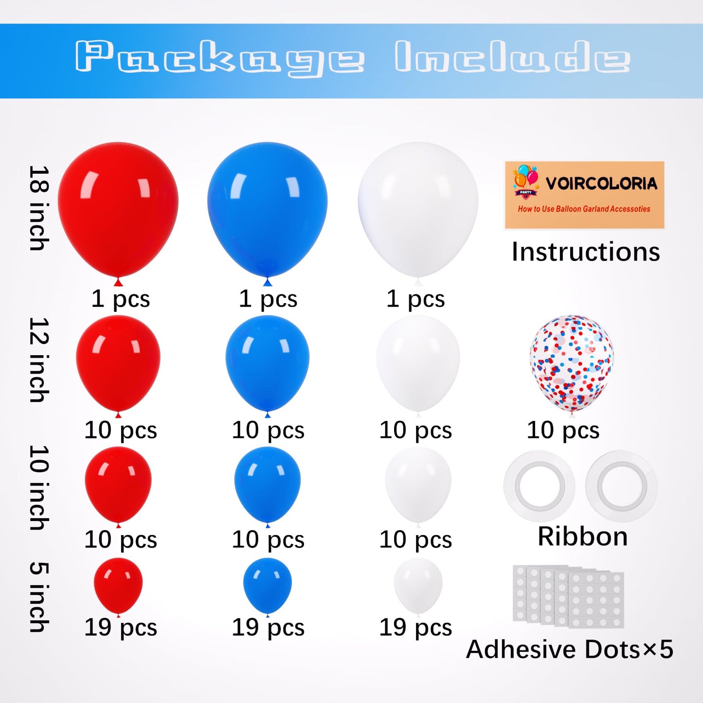 Voircoloria 130Pcs Red White Blue Balloons Different Sizes 18'' 12'' 10'' 5'' Party Latex Balloons For Birthday Graduation 4Th O
