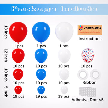 Voircoloria 130Pcs Red White Blue Balloons Different Sizes 18'' 12'' 10'' 5'' Party Latex Balloons For Birthday Graduation 4Th O