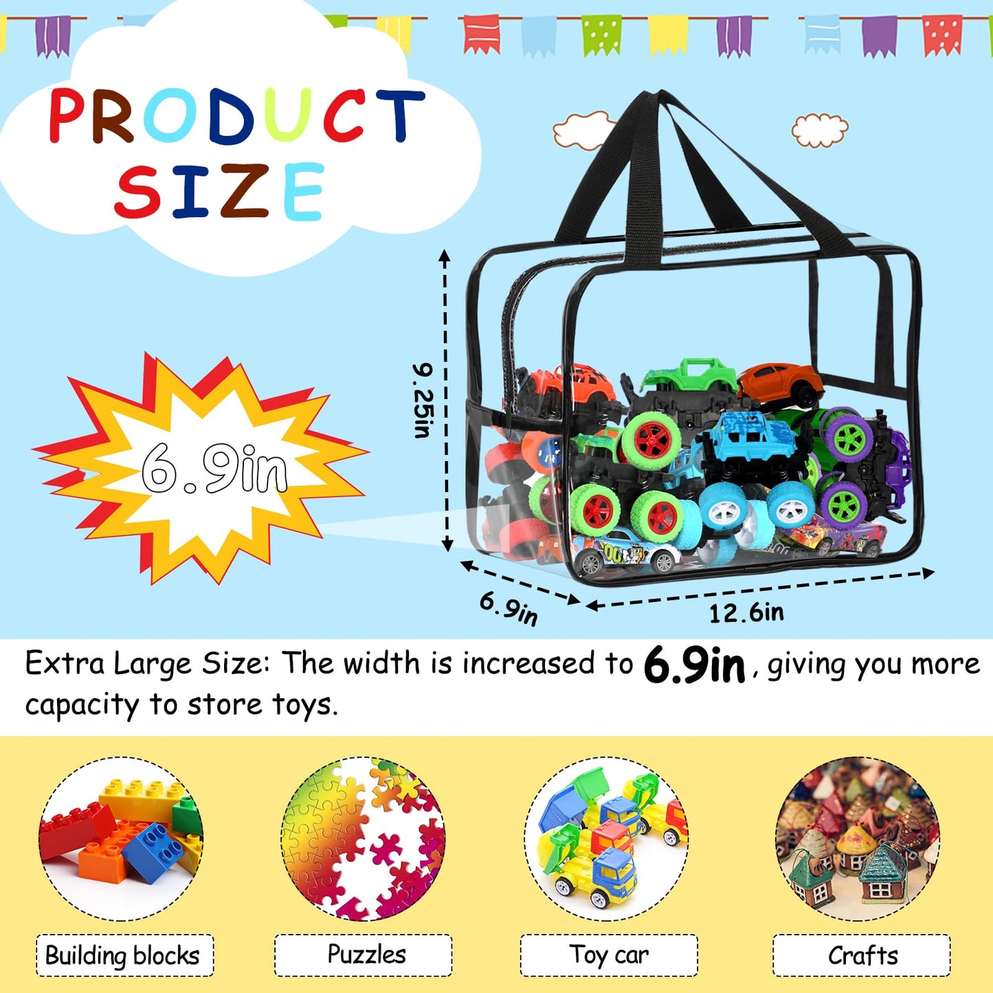 6 Packs Extra Large Toy Storage Bags 12.6  9.25  6.9In With Labels, Reusable Clear Pvc Board Game Storage, Travel Waterproof Org