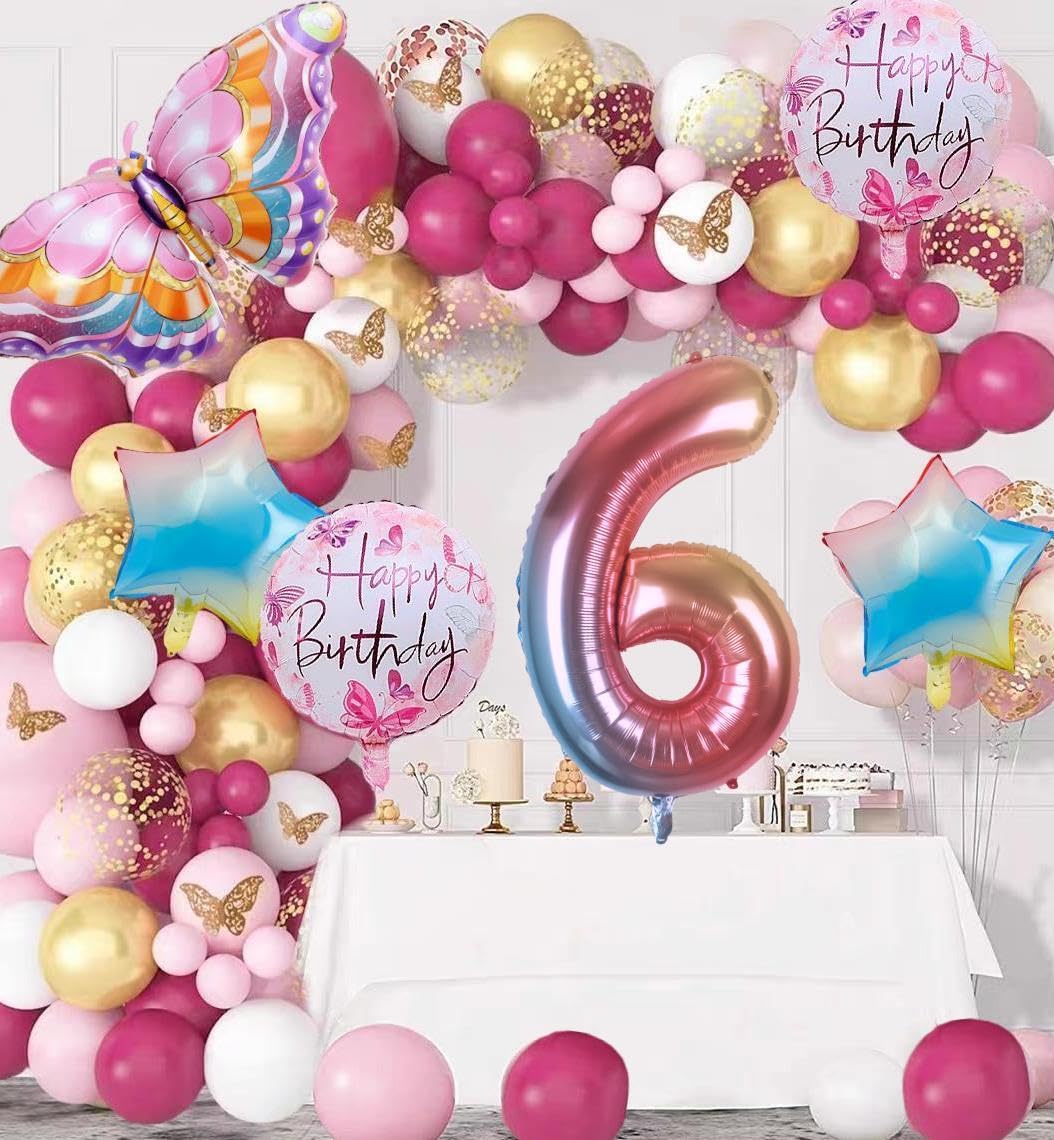 Butterfly Balloons 6th Birthday Decorations for Girls, Butterfly Birthday Party Supplies Fairy Pink Princess Groovy Party Suppli
