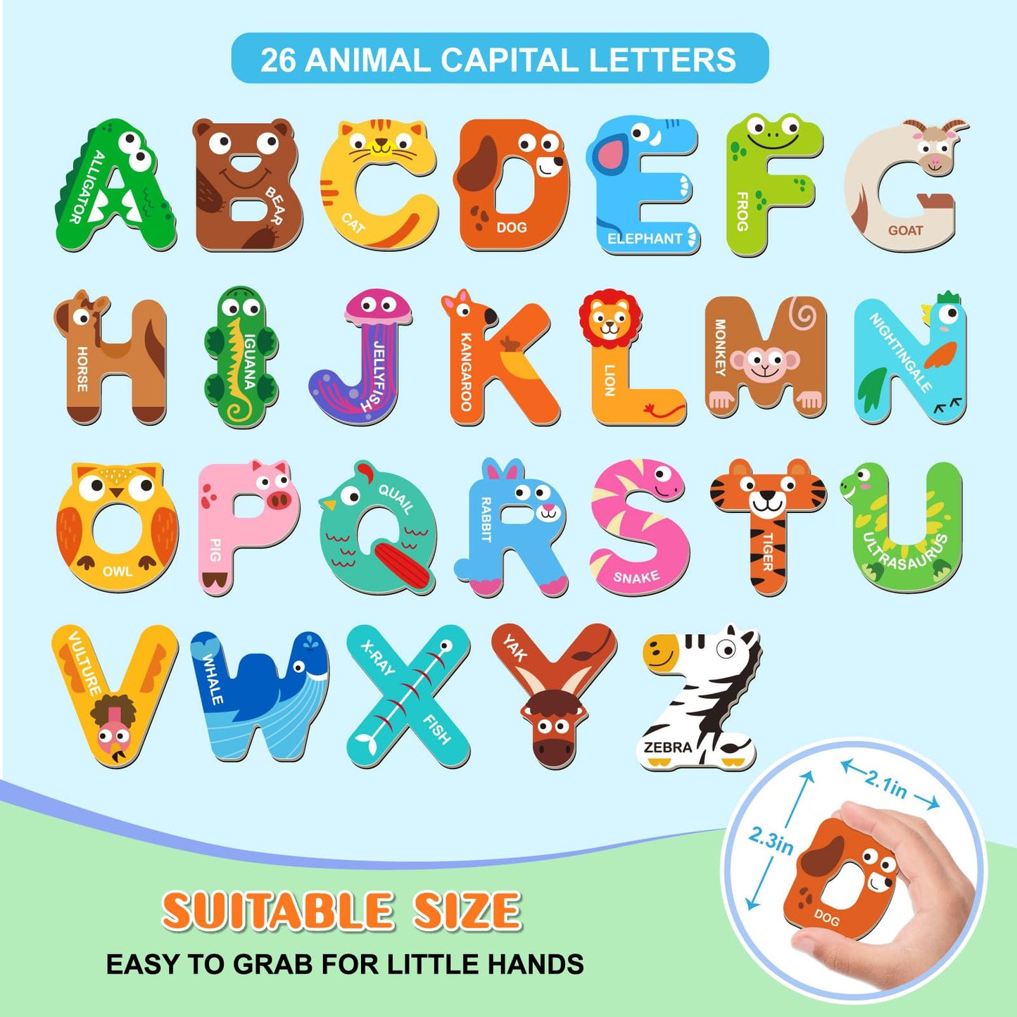 Magnetic Letters, Fridge Alphabet Magnets Abc For Toddlers 1-3, 26 Pcs Cute Animal Uppercase Refrigerator Toys, Preschool Spelli