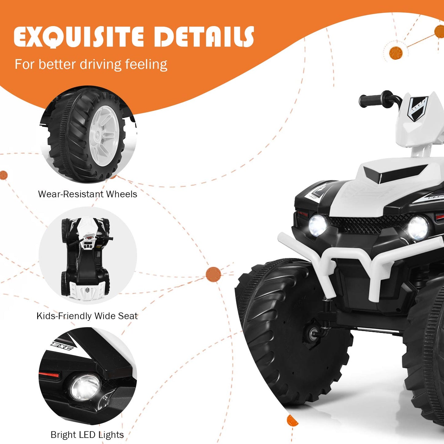 Costzon Kids Atv, 12V Battery Powered Electric Vehicle W/Led Lights, High & Low Speed, Horn, Music, Usb, Treaded Tires, Ride On Car 4 Wheeler Quad For Boys & Girls Gift, Ride On Atv (White)