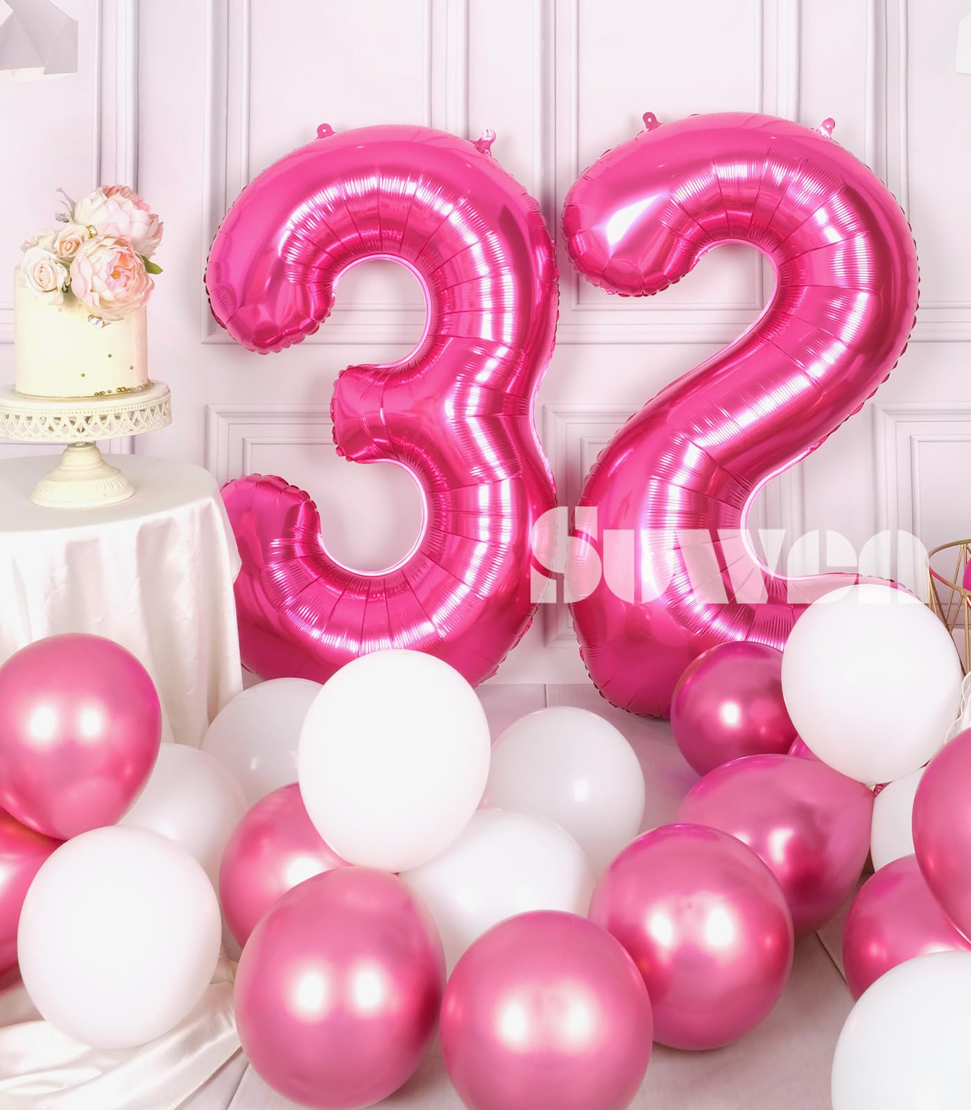 Suwen 40 Inch Large Hot Pink 32 Balloon Numbers Big Foil Helium Number Balloons 0-9 Jumbo Happy 32Nd Mylar Birthday Party Decora