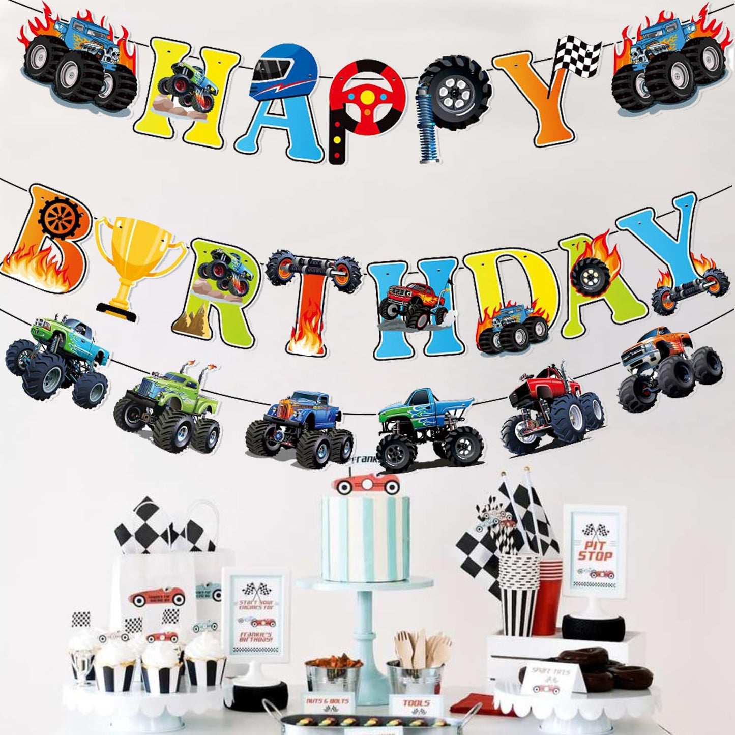 Zwiebeco Birthday Party Decoration Supplies Colorful Happy Birthday Sign Banner Trucks Off-Road Vehicles Banner Hanging Paper Ba