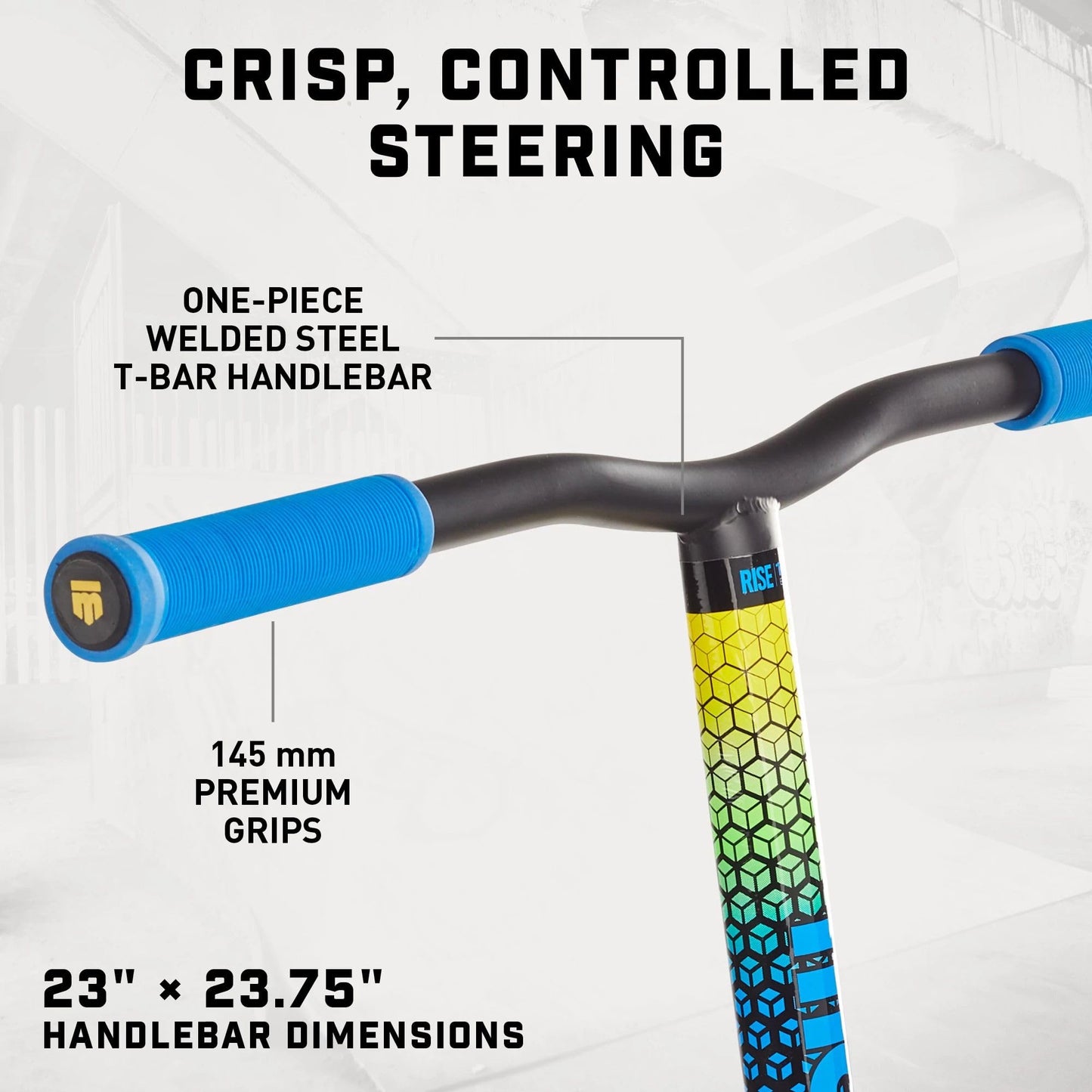 Mongoose Rise 110 advanced Freestyle Stunt Trick Scooter  Lightweight Alloy Deck & Heavy-Duty Frame Up to 220 lbs.  Bike-Style Grip  Wheel Pegs Included  Blue/Yellow