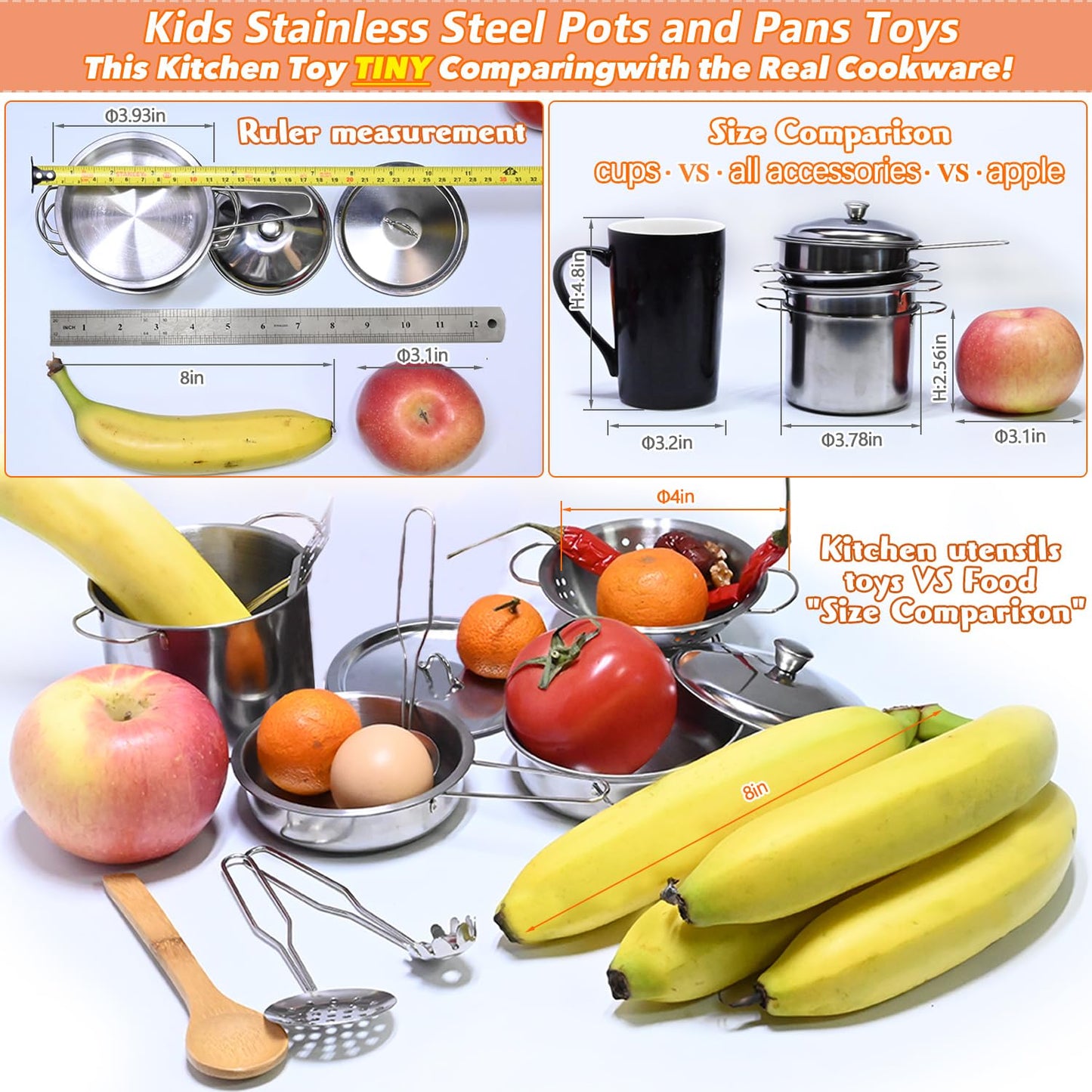 Mini Stainless-Steel Kitchen Toys, Tiny Size Pretend Cooking Utensils Toys For Kids, Cookware Pots And Pans Play Set With Cookin
