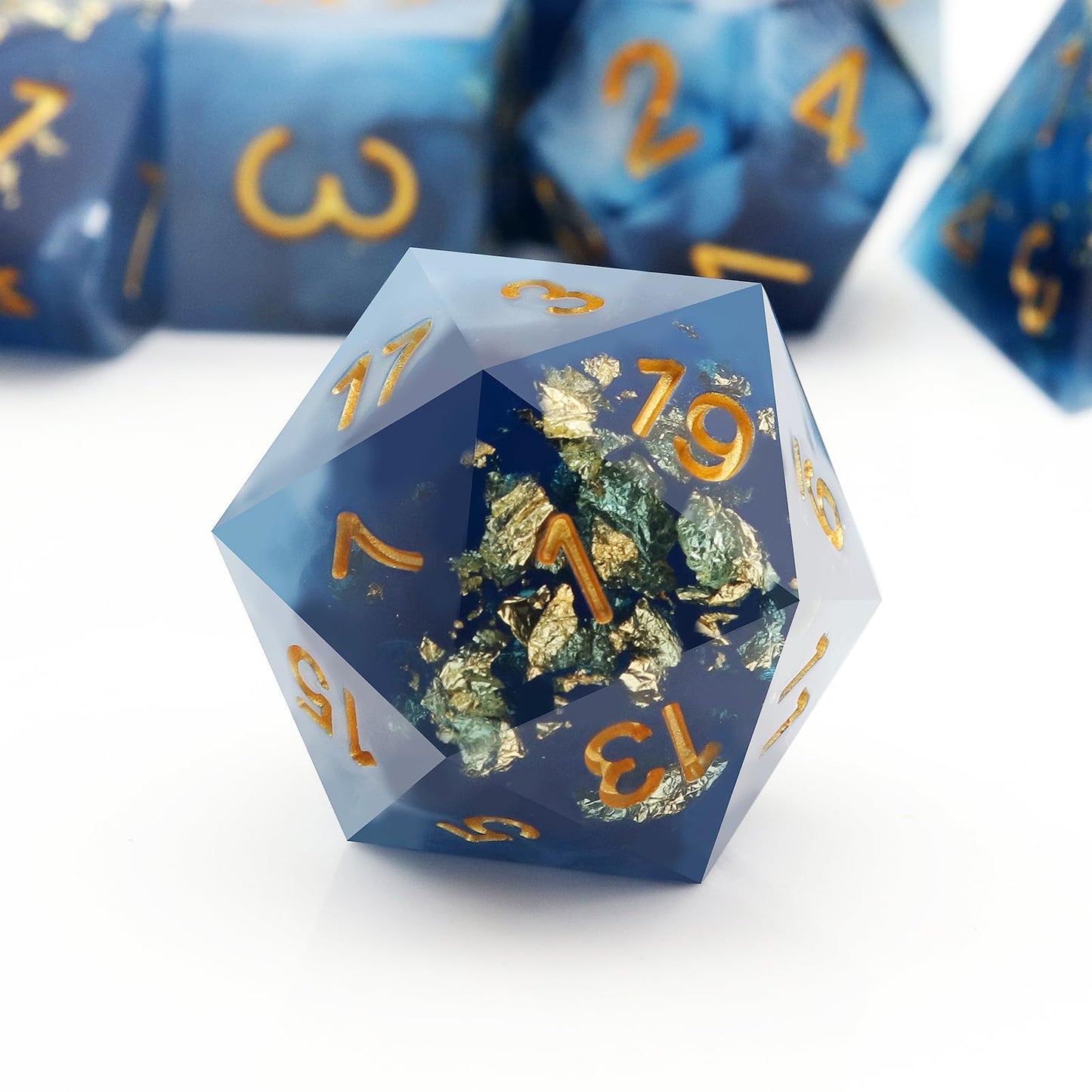 Pjoy Dnd Sharp Edged Dice Set, 7Pcs White And Dark Blue With Gold Foil Resin Dnd Dice Set D&D Polyhedral Dice With Dice Case For