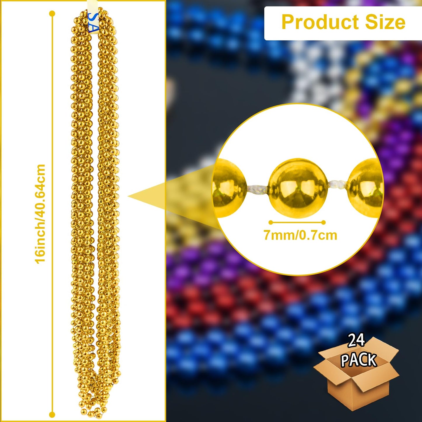 SHAOQINLIN 24 Pcs 33 Inch 7 mm Metallic Gold Bead Necklaces, Gold Mardi Gras Beads Necklace Party Beads Necklace Round Beaded Ne