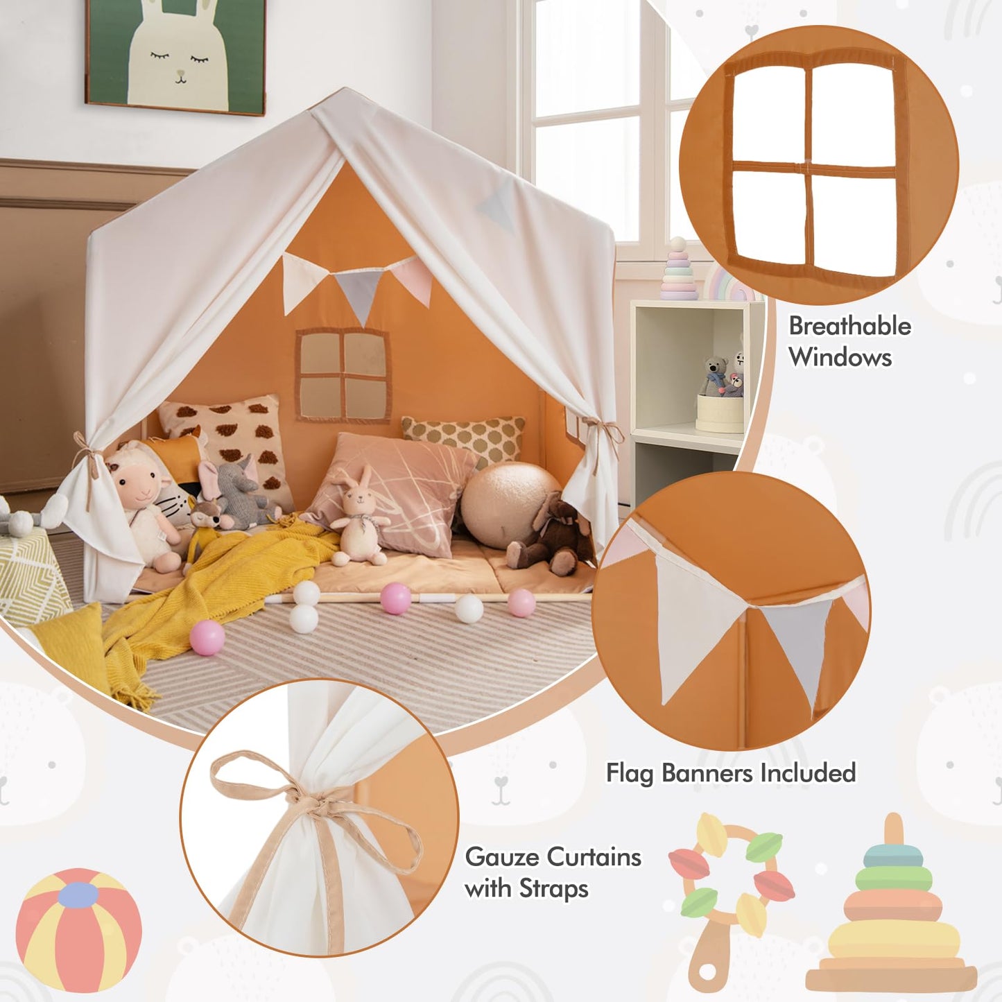 Costzon Large Kids Tent With Mat, Children'S Play Tent W/Flag Banner, Windows, Gauze Curtain, Solid Wood Frame, Indoor Outdoor Kids Playhouse For Boys & Girls Age 3 + (Orange)