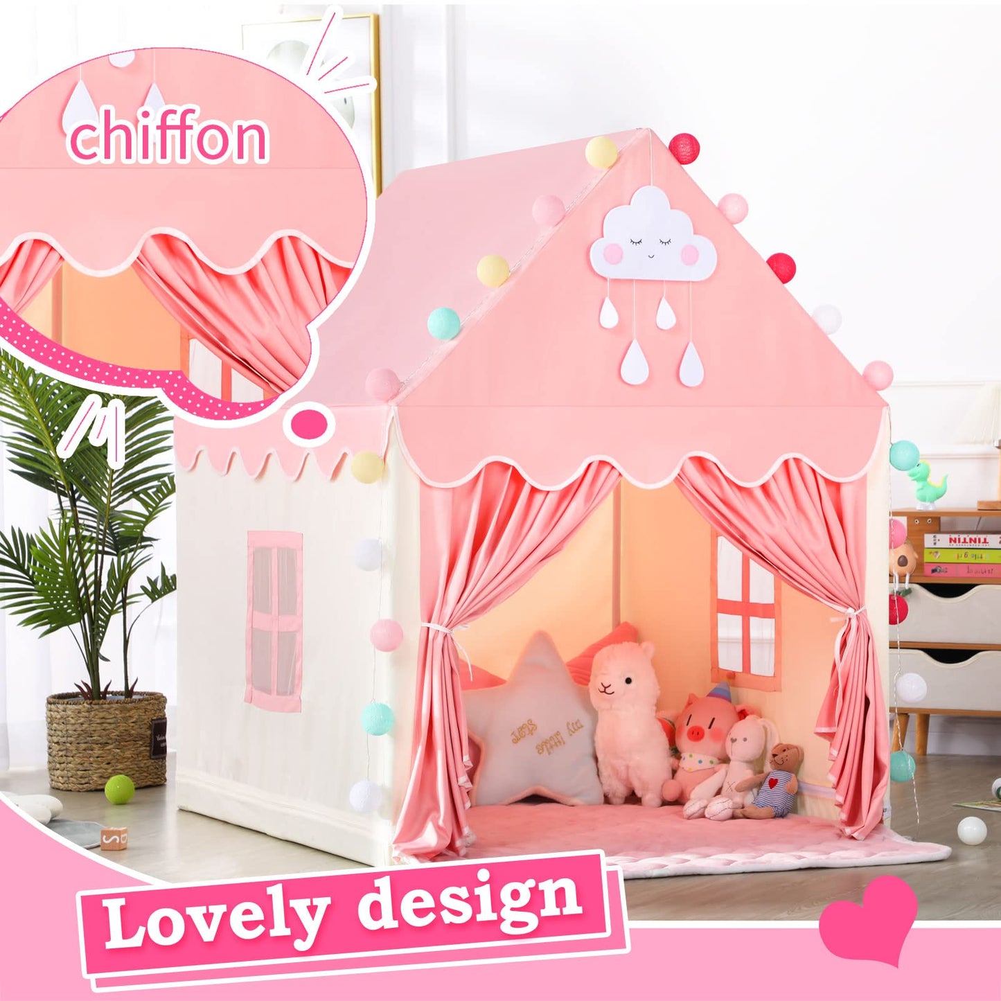 SISTICKER Kids Play Tent with Mat - Large Fairy Princess Castle, 47x41x51in, Pink Beige, Polyester, Model KP-CH-042