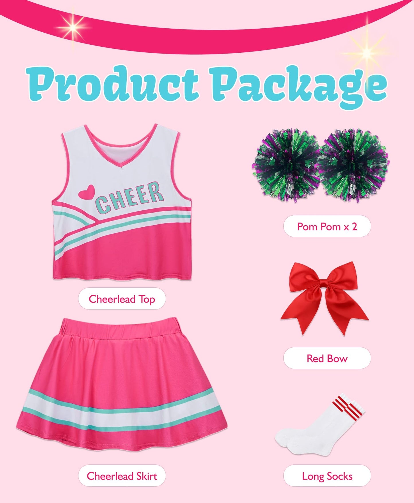Hanerreal Cheerleader Costume For Girls, Cheer Uniform Dress Up Outfit With Accessories (Pink, Medium(4-5 T))