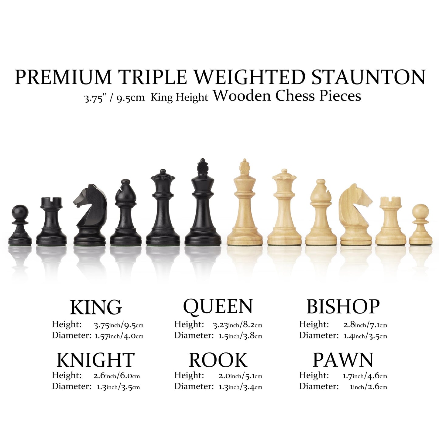 A&A Premium Triple Weighted Staunton Wooden Chess Pieces W/ 2 Extra Queen - King Height 3.75'/9.5Cm / 2 Storage Bags