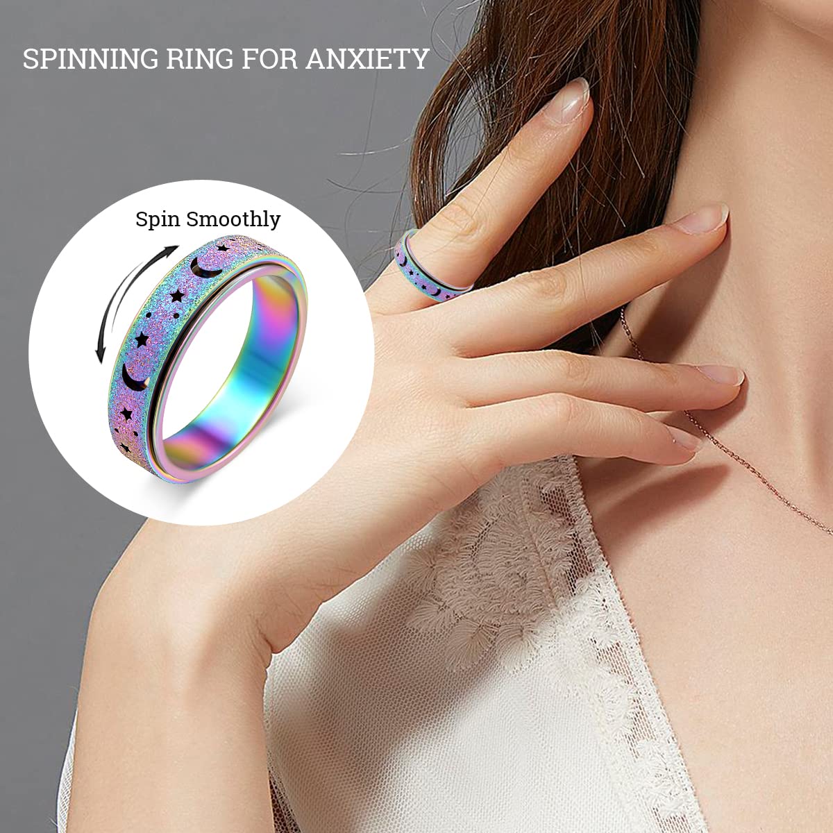 MHWTTY Anxiety Rings for Women Spinner Fidget Ring Titanium Stainless Steel Fidget Toys Adults Thumb Ring for Women Men Rainbow