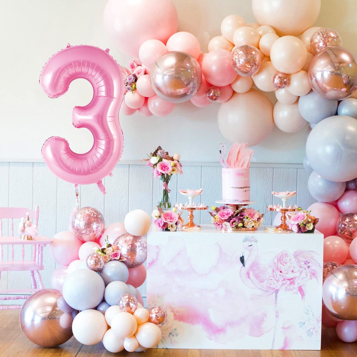 Pink Number 3 Balloon 40 Inch, Big Large Foil Helium Number Balloons, Jumbo Giant Mylar Number 3 Balloons For 3 Third Birthday P