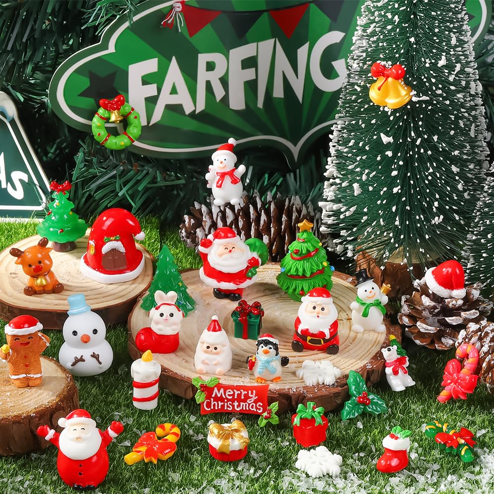DIYDEC 32Pcs Christmas Miniature Figurines, Mini Resin Figurines to Hide Small Resin Santa Claus Snowman Xmas Trees Animals for